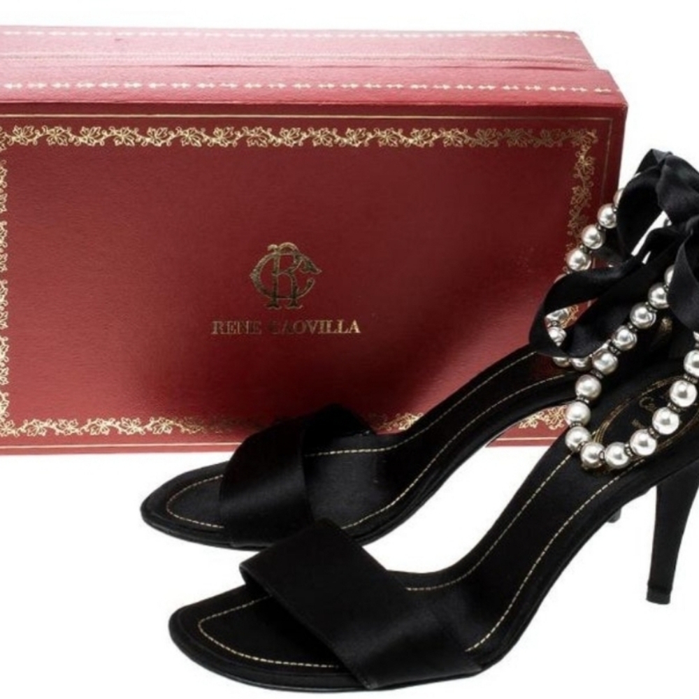 Rene Caovilla black satin faux pearl ankle wrap